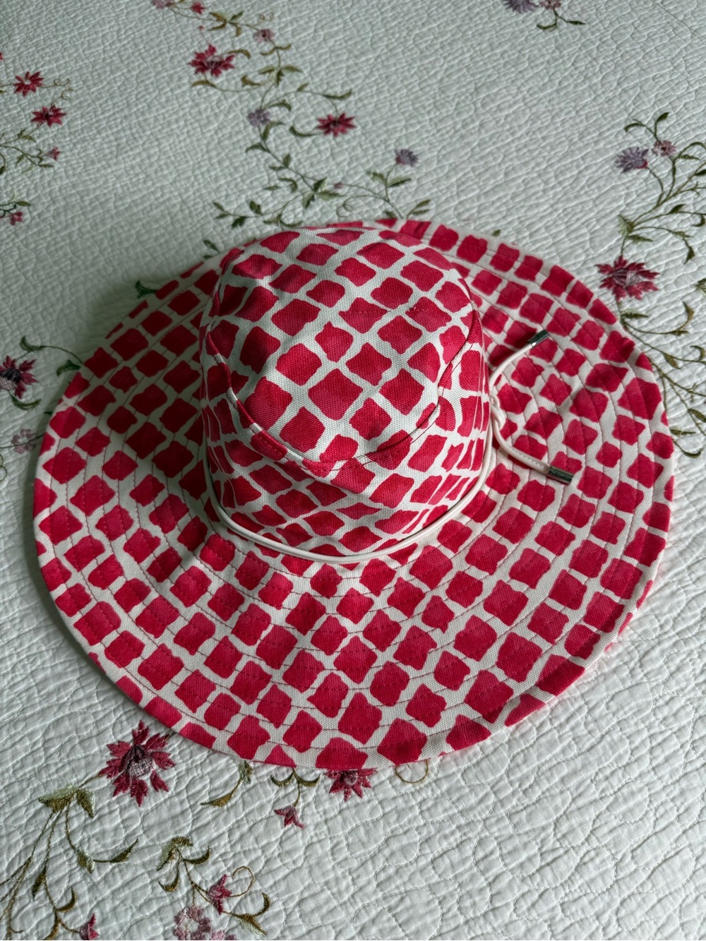 Coach Full Brim Beach Hat Cotton Canvas Sun Pink & Cream Tile Pattern Size M|L - Picture 8 of 8